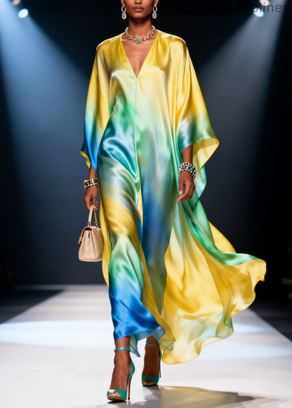 Gradient Color V Neck Chiffon Vacation Dresses Spring