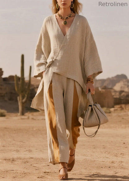 French V Neck Asymmetrical Patchwork Linen Two-piece Set Spring