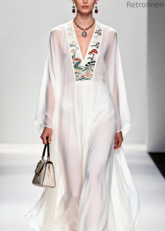 French White V Neck Print Chiffon Long Dresses Summer