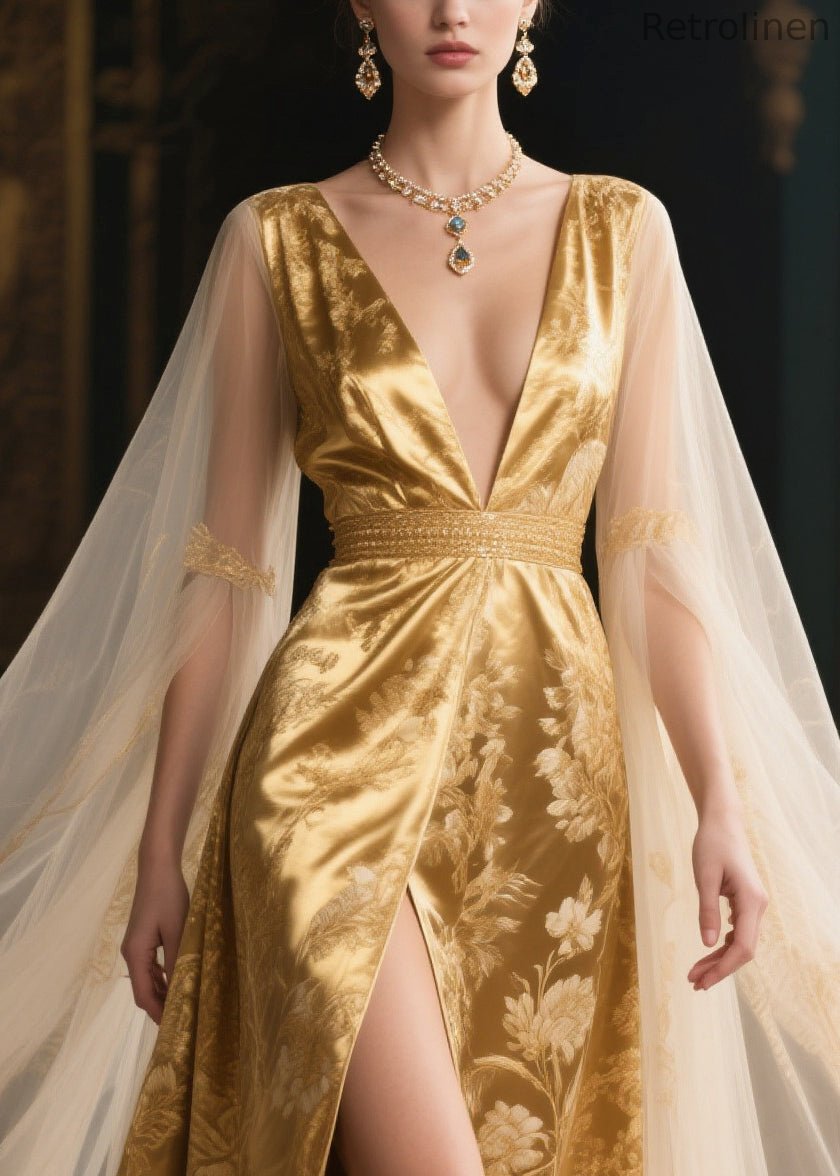 Modern Golden Jacquard Patchwork Exra Large Hem Silk Party Dresses Summer