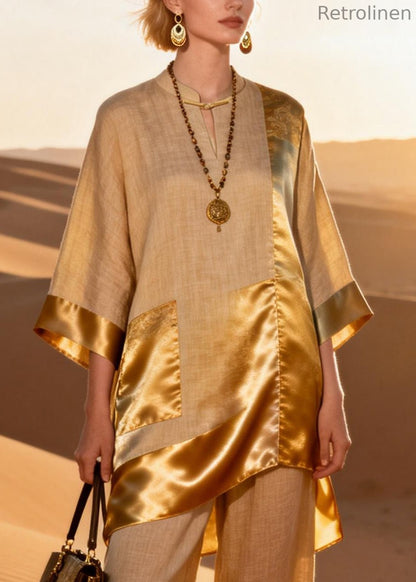 Chinese Style Stand Collar Asymmetrical Silk Patchwork Two Piece Set Spring