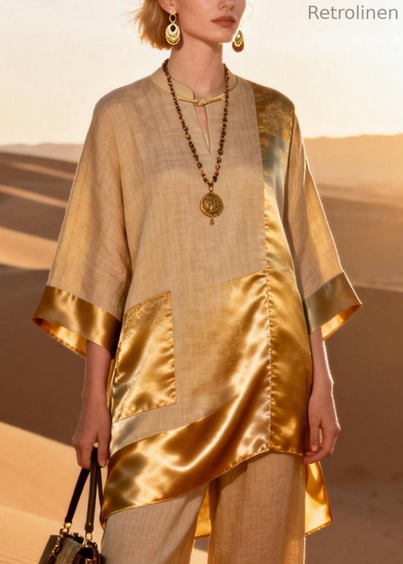 Chinese Style Stand Collar Asymmetrical Silk Patchwork Two Piece Set Spring