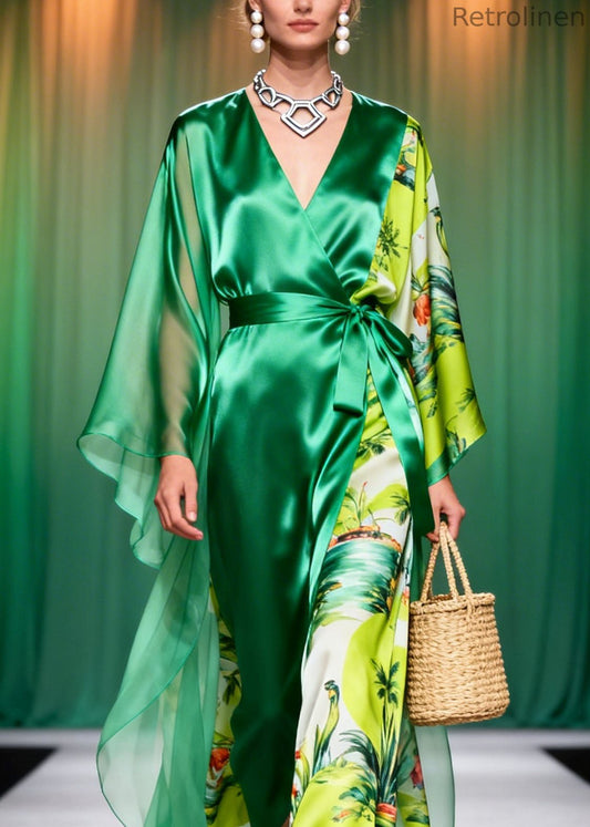 French Green V Neck Print Patchwork Chiffon Long Dresses Spring