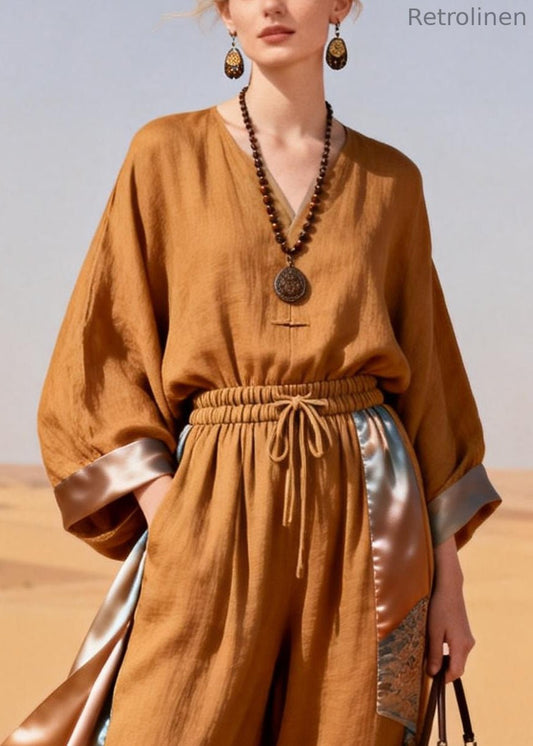 Caramel Pockets Elastic Waist Patchwork Silk Linen Two Pieces Set Spring