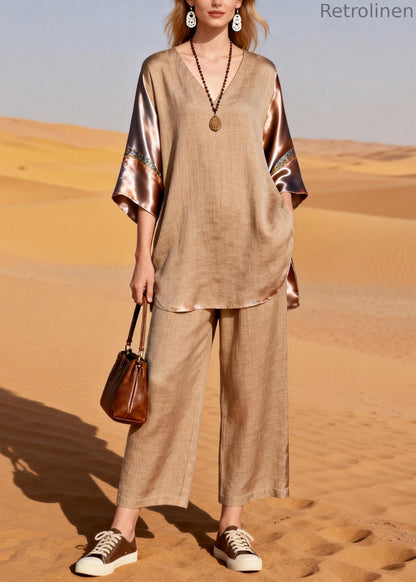 Handmade V Neck Patchwork Linen Silk Two Pieces Set Summer