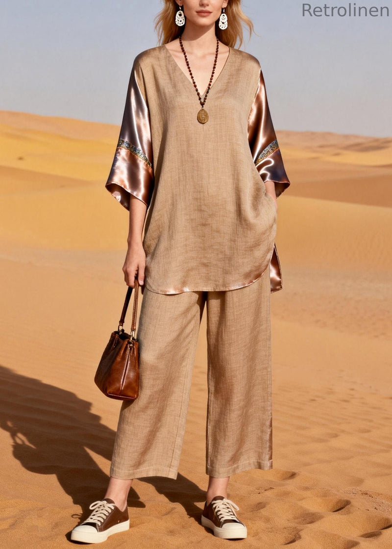 Handmade V Neck Patchwork Linen Silk Two Pieces Set Summer