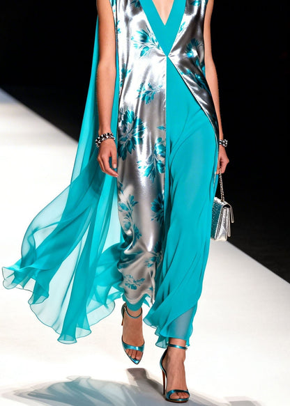 Colorblock V Neck Patchwork Chiffon Dress Summer