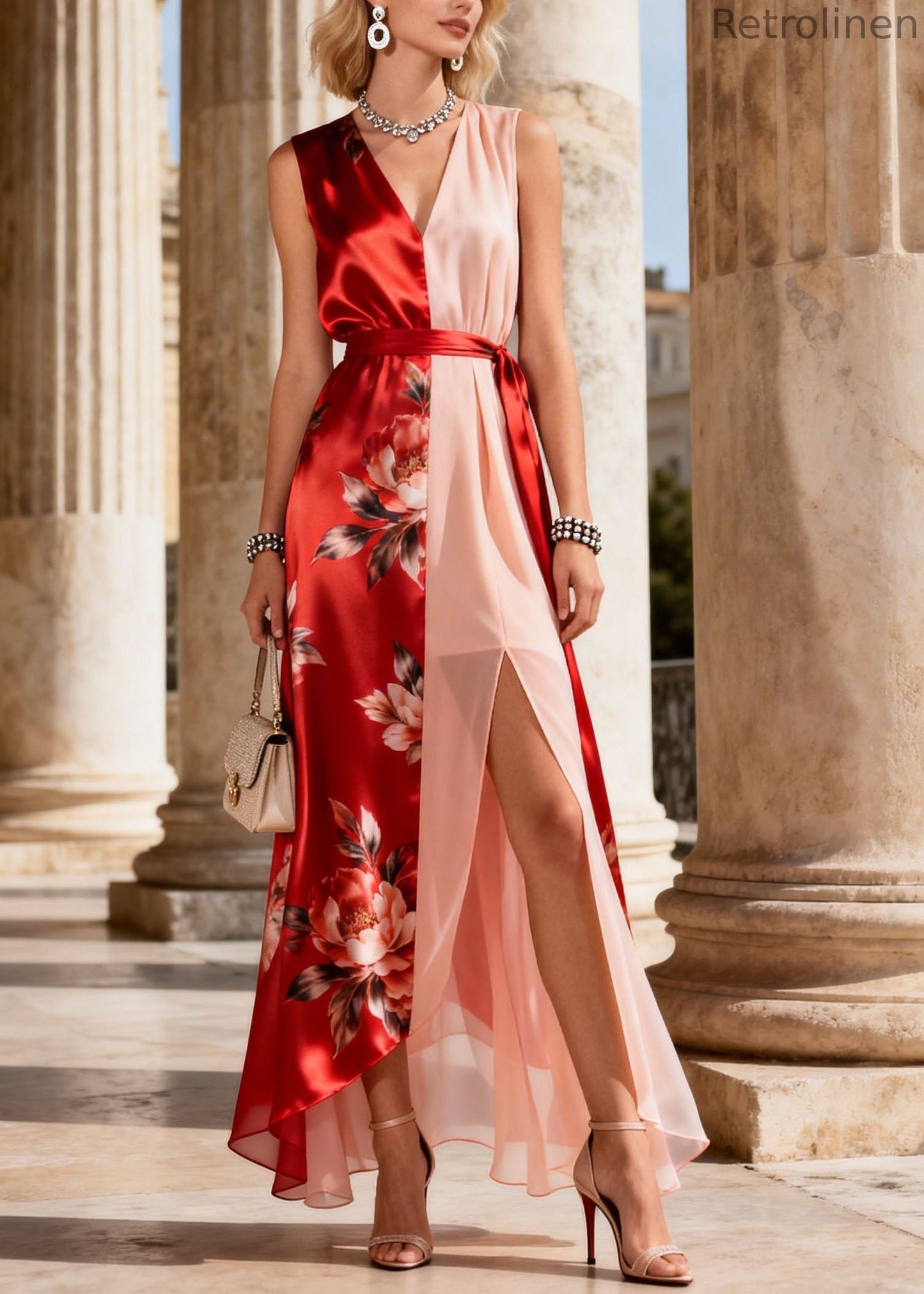 Colorblock V Neck Asymmetrical Print Chiffon Dress Sleeveless