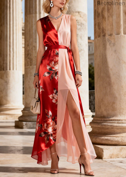 Colorblock V Neck Asymmetrical Print Chiffon Dress Sleeveless