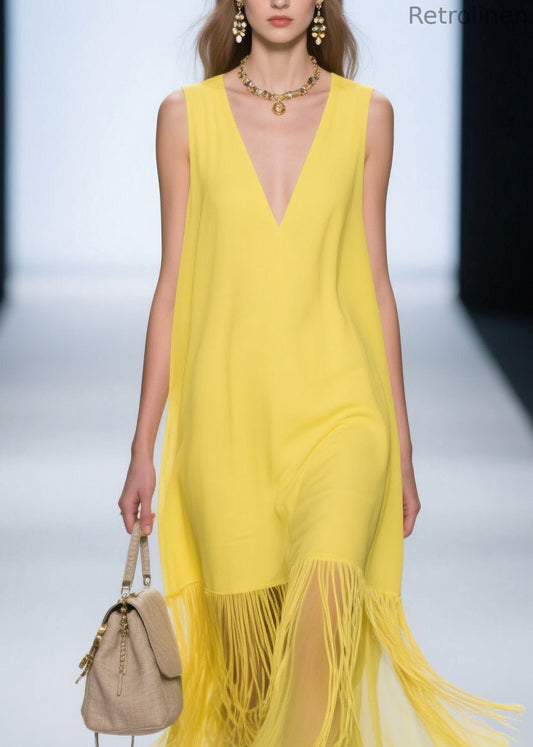 French Yellow V Neck Patchwork Cotton Dress Sleeveless