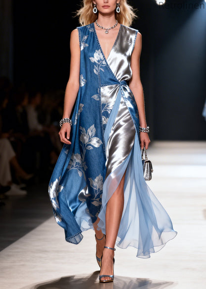 Boutique Blue Asymmetrical Patchwork Print Denim Cami Dress Summer