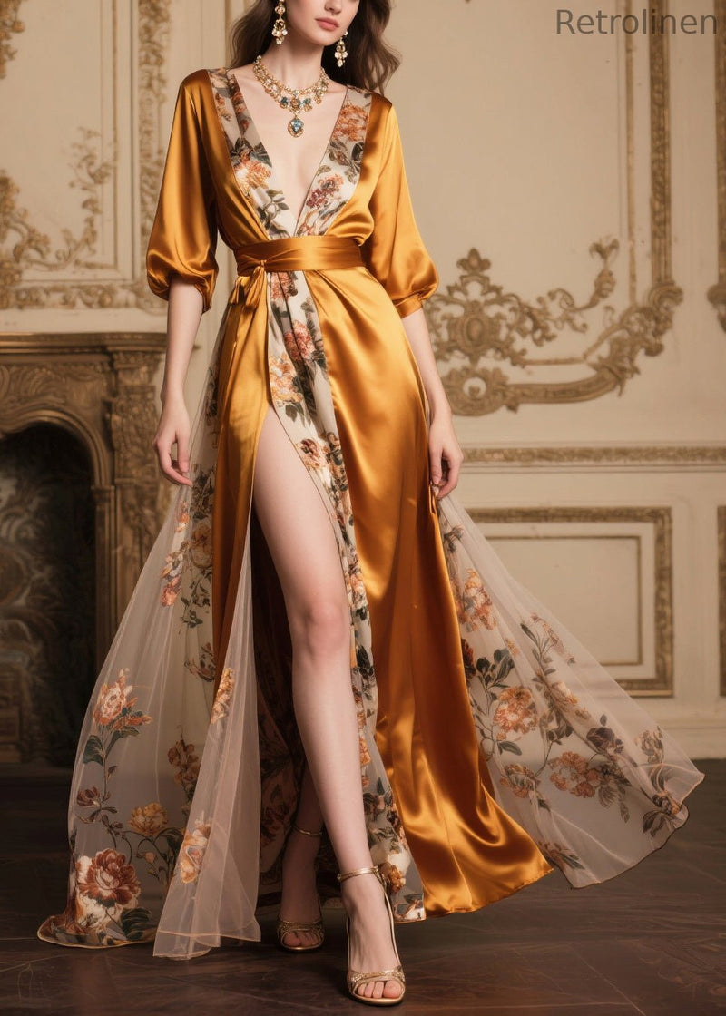 Golden Tunic Patchwork Side Open Silk Party Dresses Summer