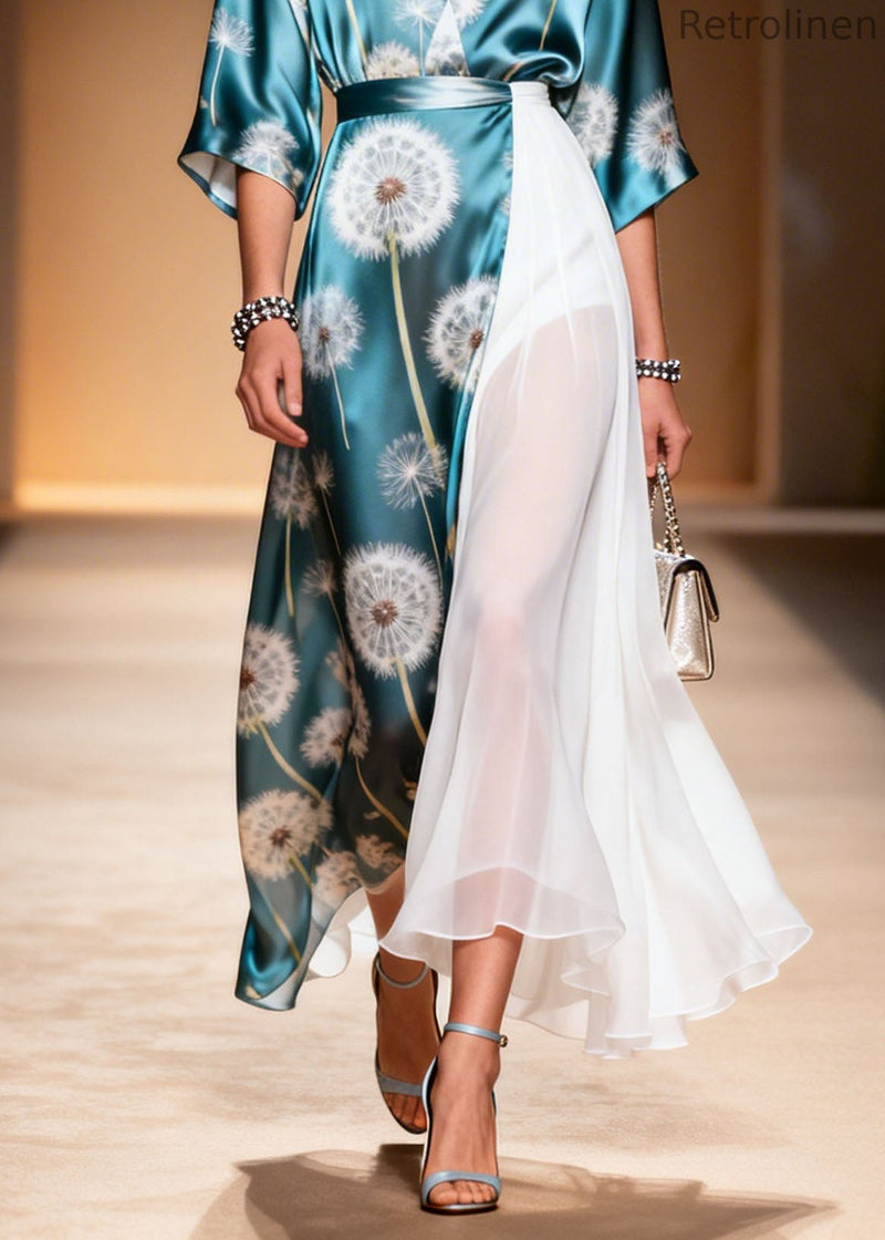 Colorblock V Neck Asymmetrical Patchwork Chiffon Dresses Summer