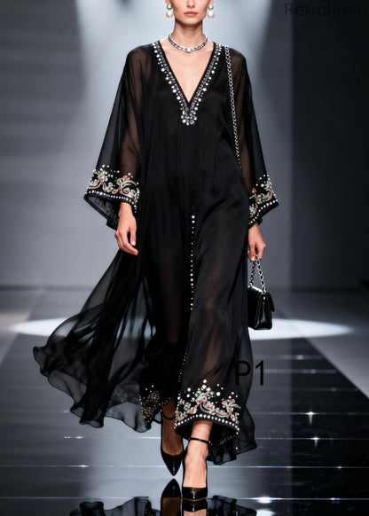 Black Oversized Fine Pearl Chiffon Party Dress Summer