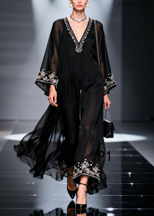 Black Oversized Fine Pearl Chiffon Party Dress Summer