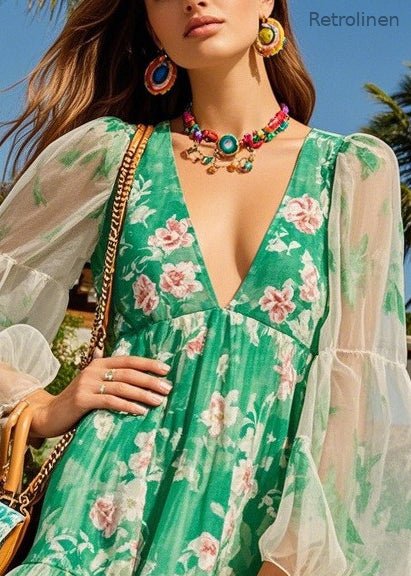 Green Print Tulle Patchwork Chiffon Day Dress Summer