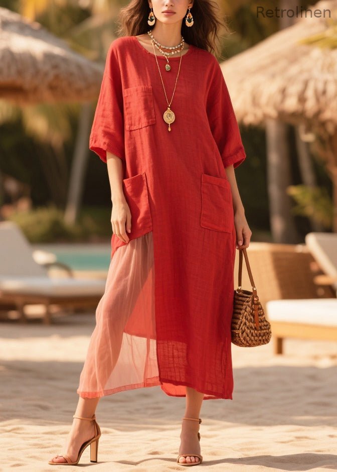 Red Oversized Tulle Patchwork Pockets Cotton Dress Summer
