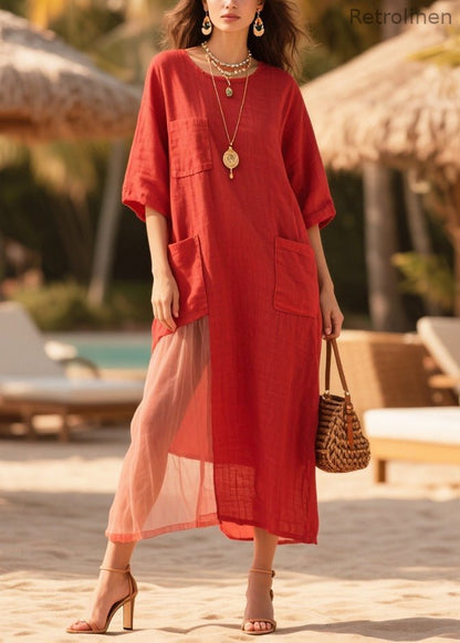 Red Oversized Tulle Patchwork Pockets Cotton Dress Summer