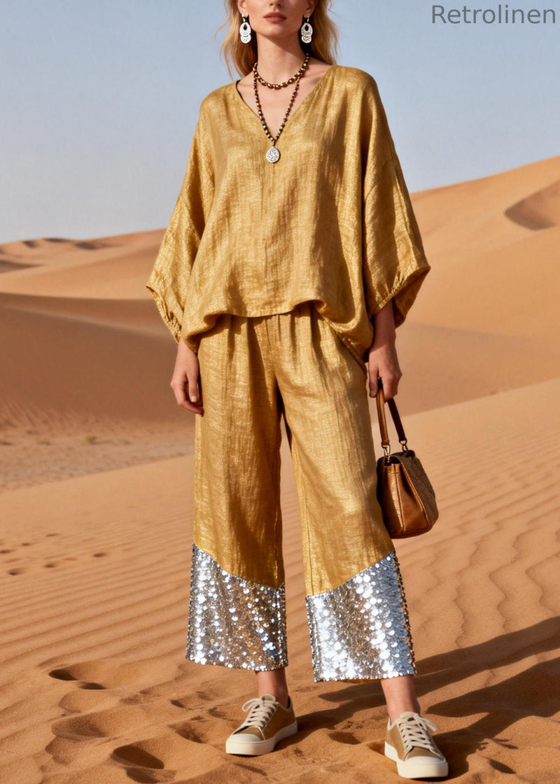 Gold V Neck Sequins Patchwork Oversized Linen Two Piece Set Spring