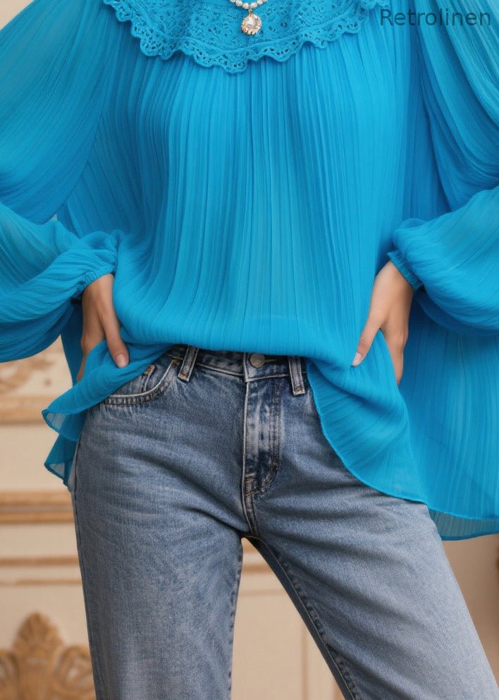 Blue Oversized Patchwork Lace Chiffon Pleated Blouses Spring