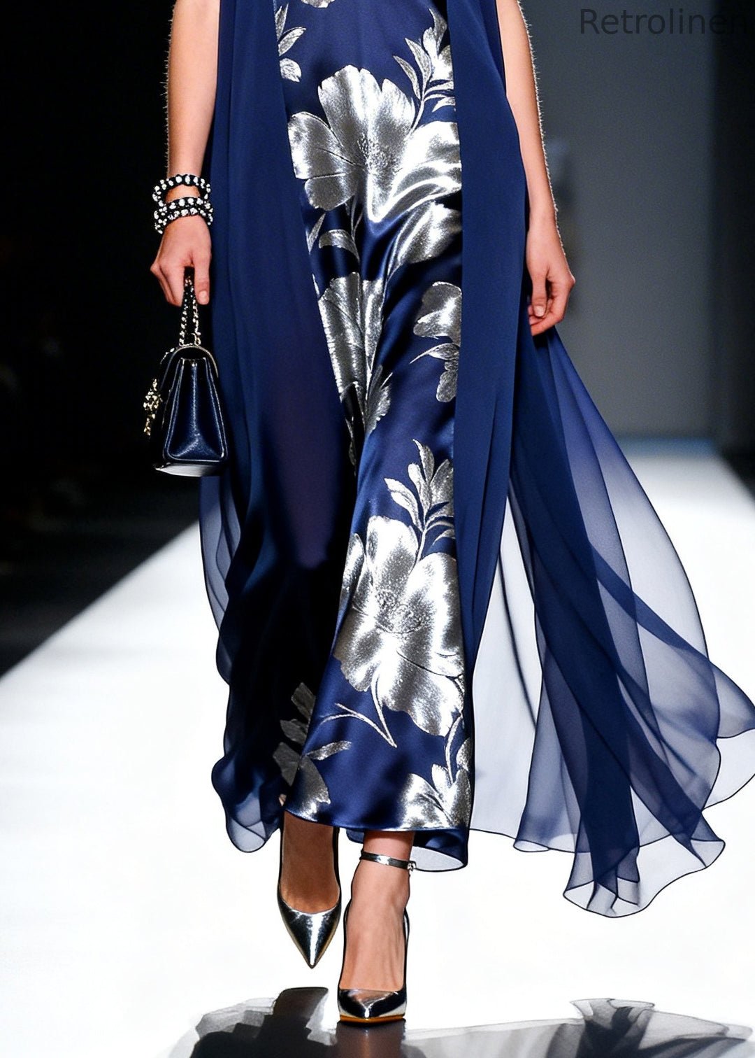 Style Navy Jacquard Patchwork Chiffon Holiday Dress Summer