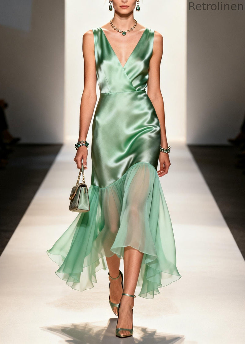 Boutique Light Green V Neck Patchwork Tulle Long Dresses Summer