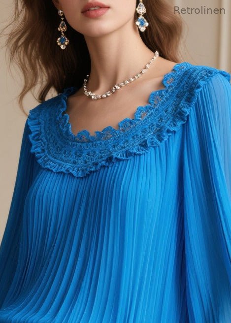 Blue Oversized Patchwork Wrinkled Chiffon Blouses Spring
