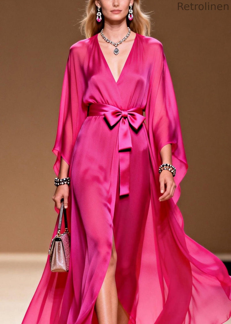Rose V Neck Lace Up Chiffon Long Dress Summer