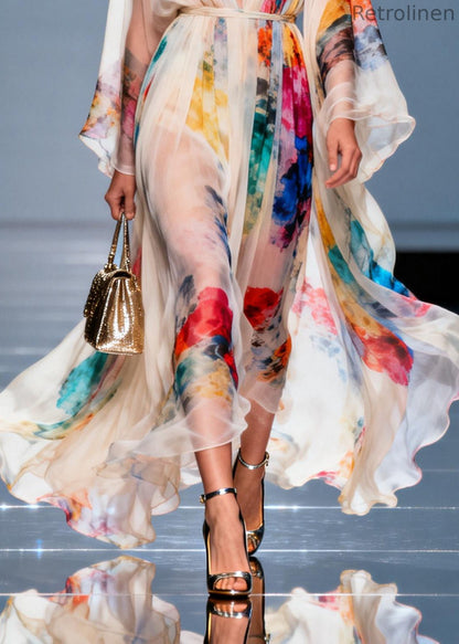 White Tie Waist Tie Dye Chiffon Maxi Dresses Summer