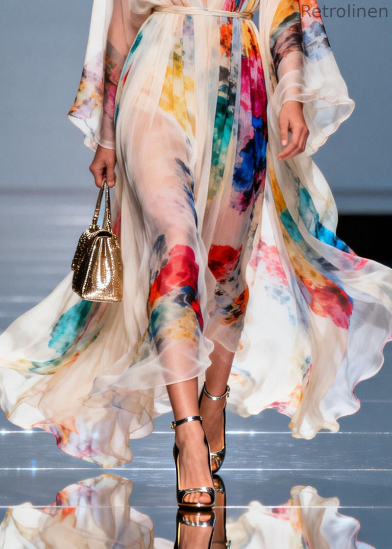 White Tie Waist Tie Dye Chiffon Maxi Dresses Summer