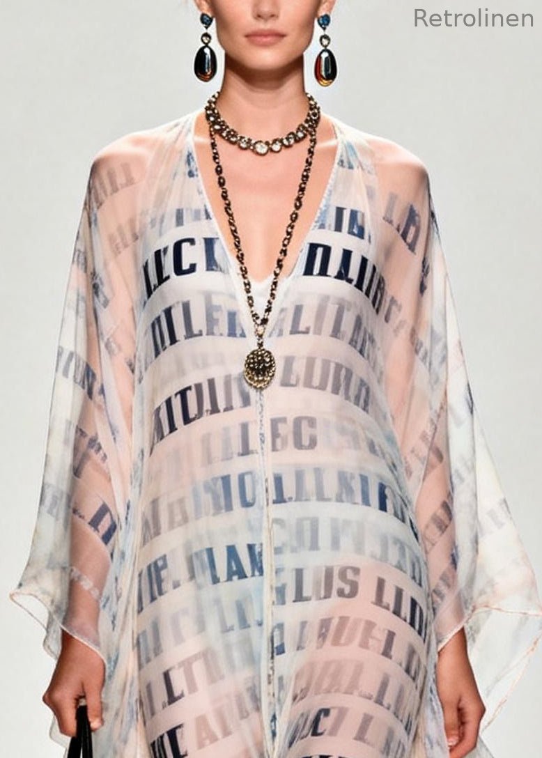 Italian White Letter Print Draping Chiffon Sheer Dress Summer