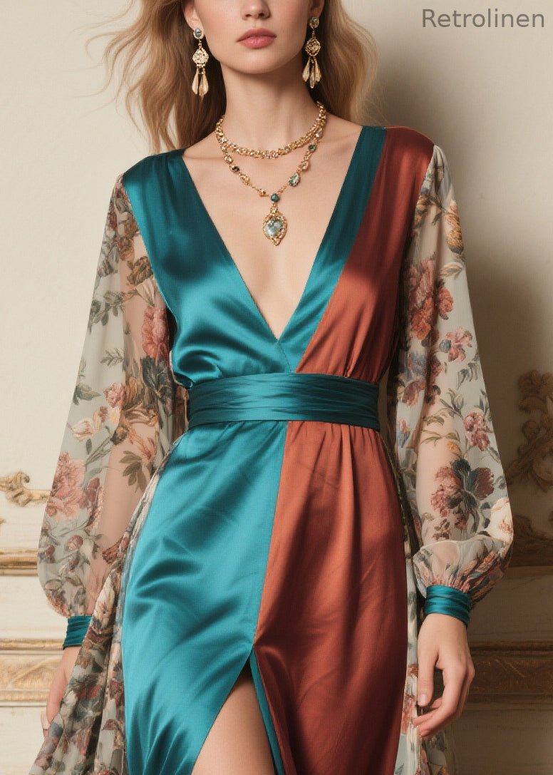 Colorblock Print Side Open Chiffon Maxi Dress Summer