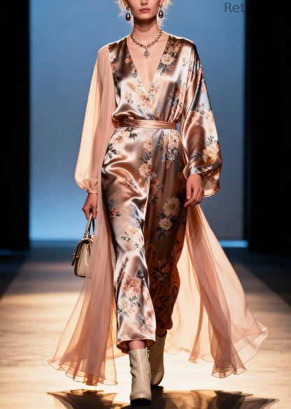 Diy Champagne Asymmetrical Patchwork Print Silk Maxi Dresses Summer