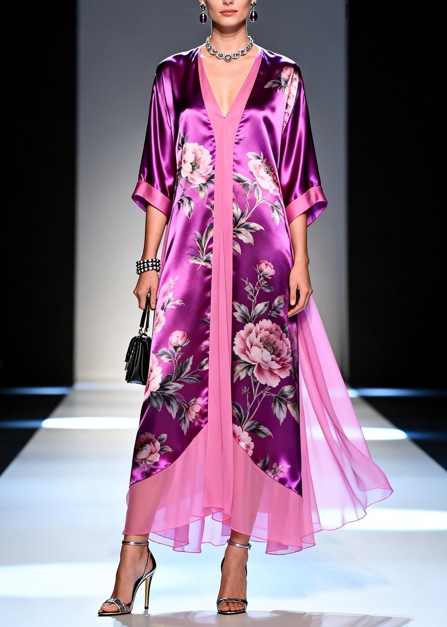 Modern Purple Flower Print Patchwork Silk Long Dress Summer