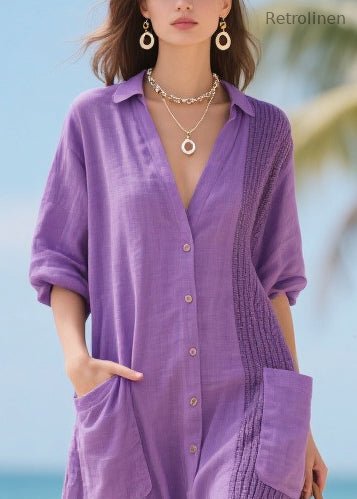 Modern Lavender Oversized Patchwork Pockets Cotton Dress Spring