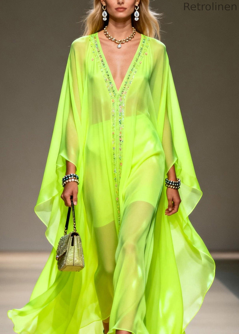Fluorescent Green V Neck Zircon Chiffon Robe Dresses Summer