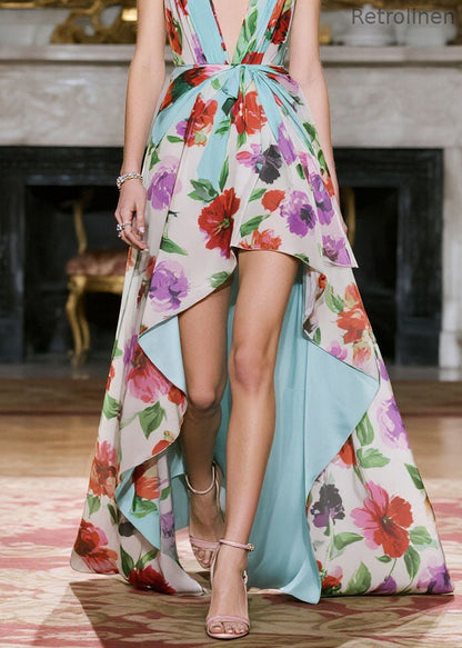 V Neck Print Low High Design Chiffon Spaghetti Strap Dress Summer