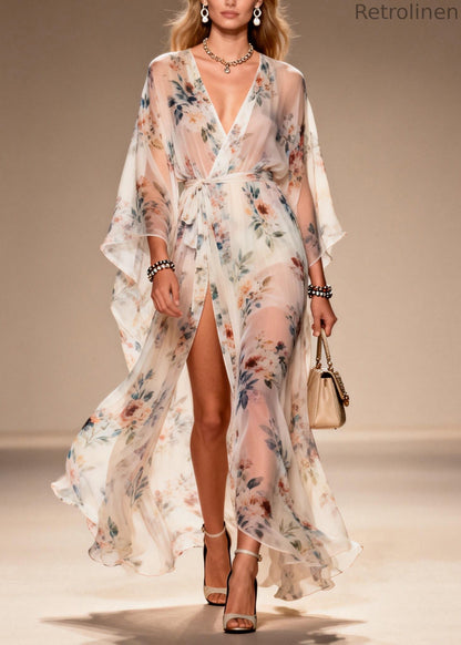 Print Side Open Lace Up Chiffon Dresses Summer