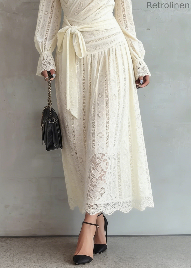Beige Lace Tie Waist Warm Fleece Long Dress Spring