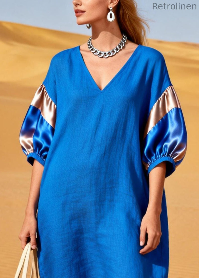 Blue Oversized Patchwork Silk Cotton Two Pieces Set Summer