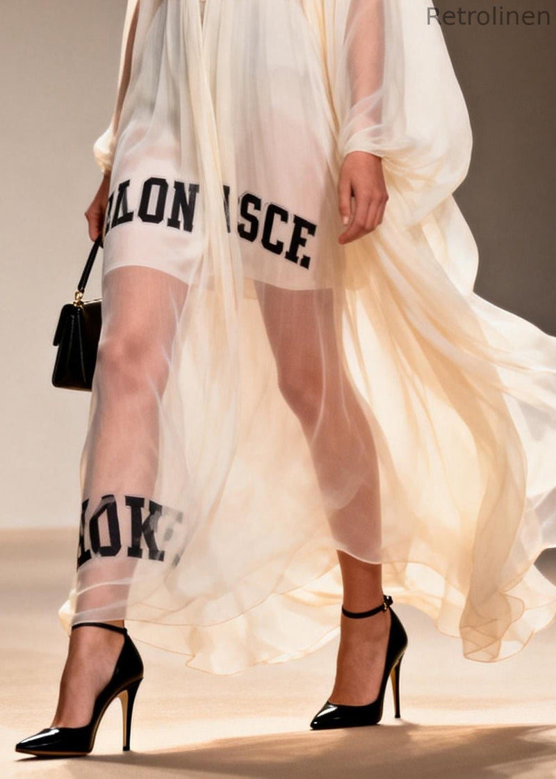 White Oversized Letter Print Chiffon Sheer Dresses Summer