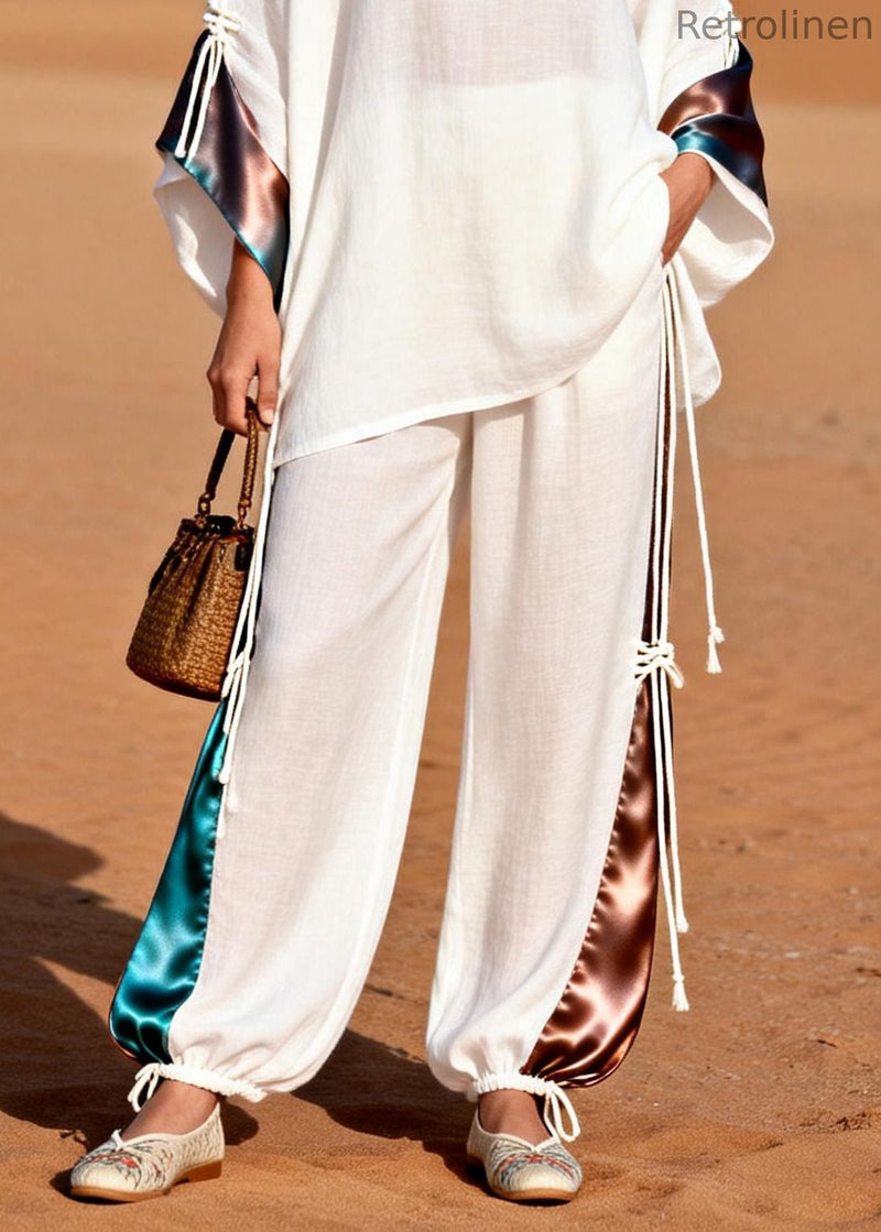 French White V Neck Drawstring Silk Patchwork Two Piece Set Spring