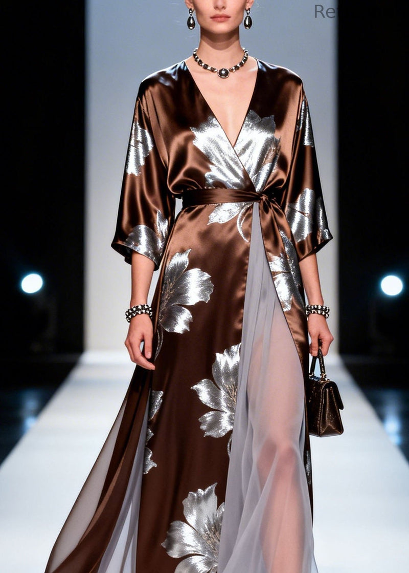 V Neck Print Patchwork Silk Dress Summer