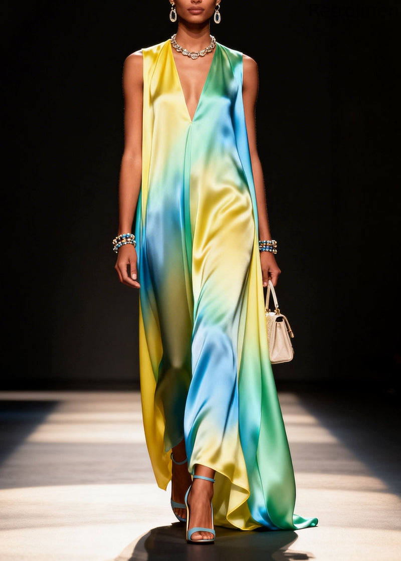 Unique V Neck Tie Dye Silk Long Dress Summer