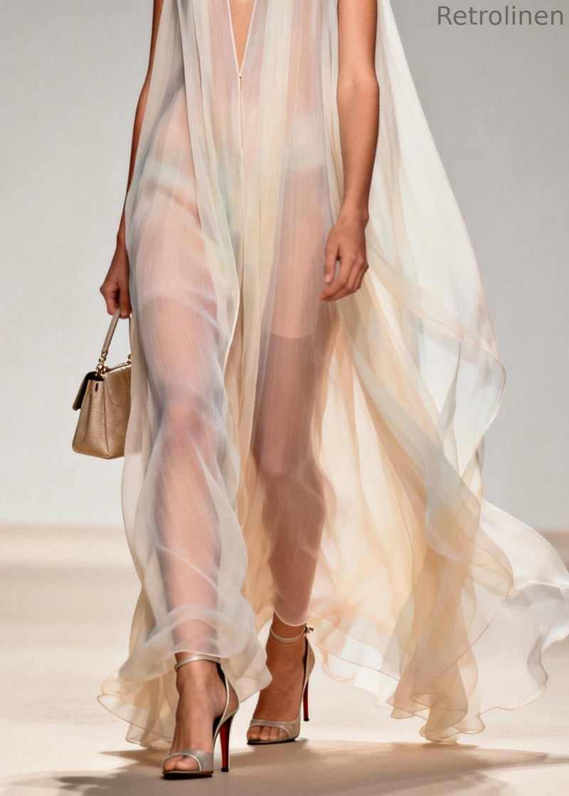 V Neck Chiffon Long Dresses Sleeveless