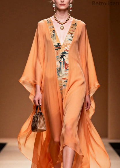 Orange V Neck Print Patchwork Chiffon Dress Spring