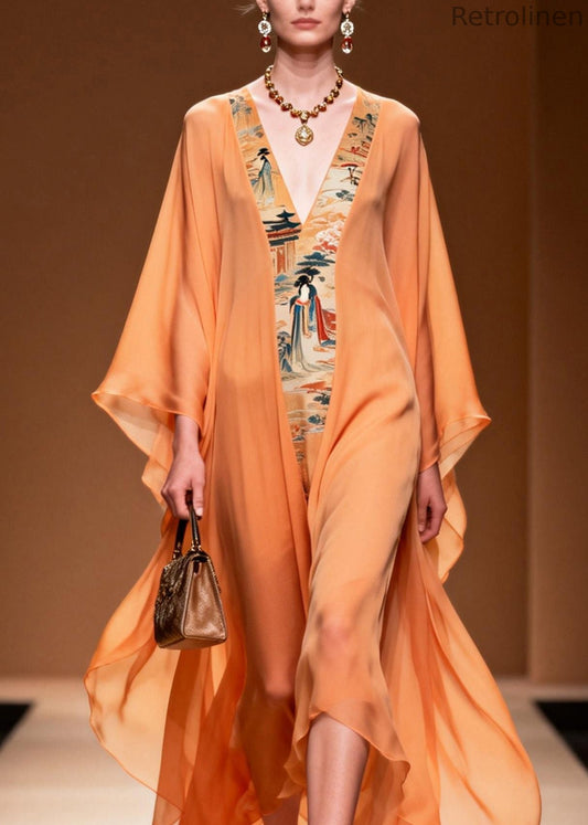 Orange V Neck Print Patchwork Chiffon Dress Spring