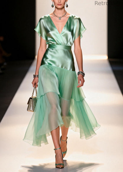 Simple Light Green V Neck Patchwork Chiffon Robe Dresses Summer