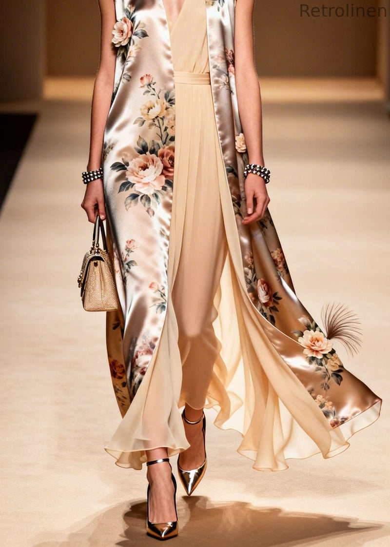 V Neck Print Chiffon Two Pieces Set Summer