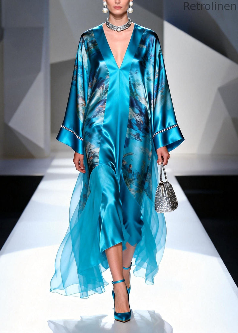 Blue V Neck Print Zircon Silk Long Dress Spring